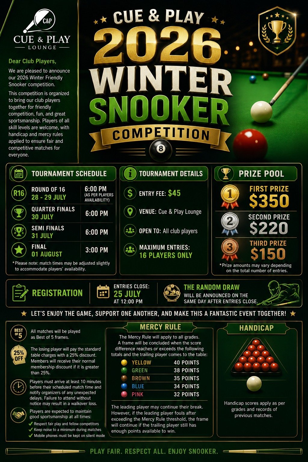 Winter Snooker Tournament 2026 official bracket sheet